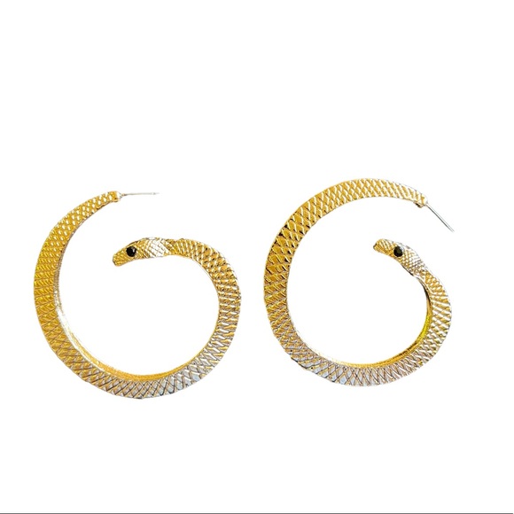 Gold Textured Snake Hoop Statement Earrings - Picture 5 of 7